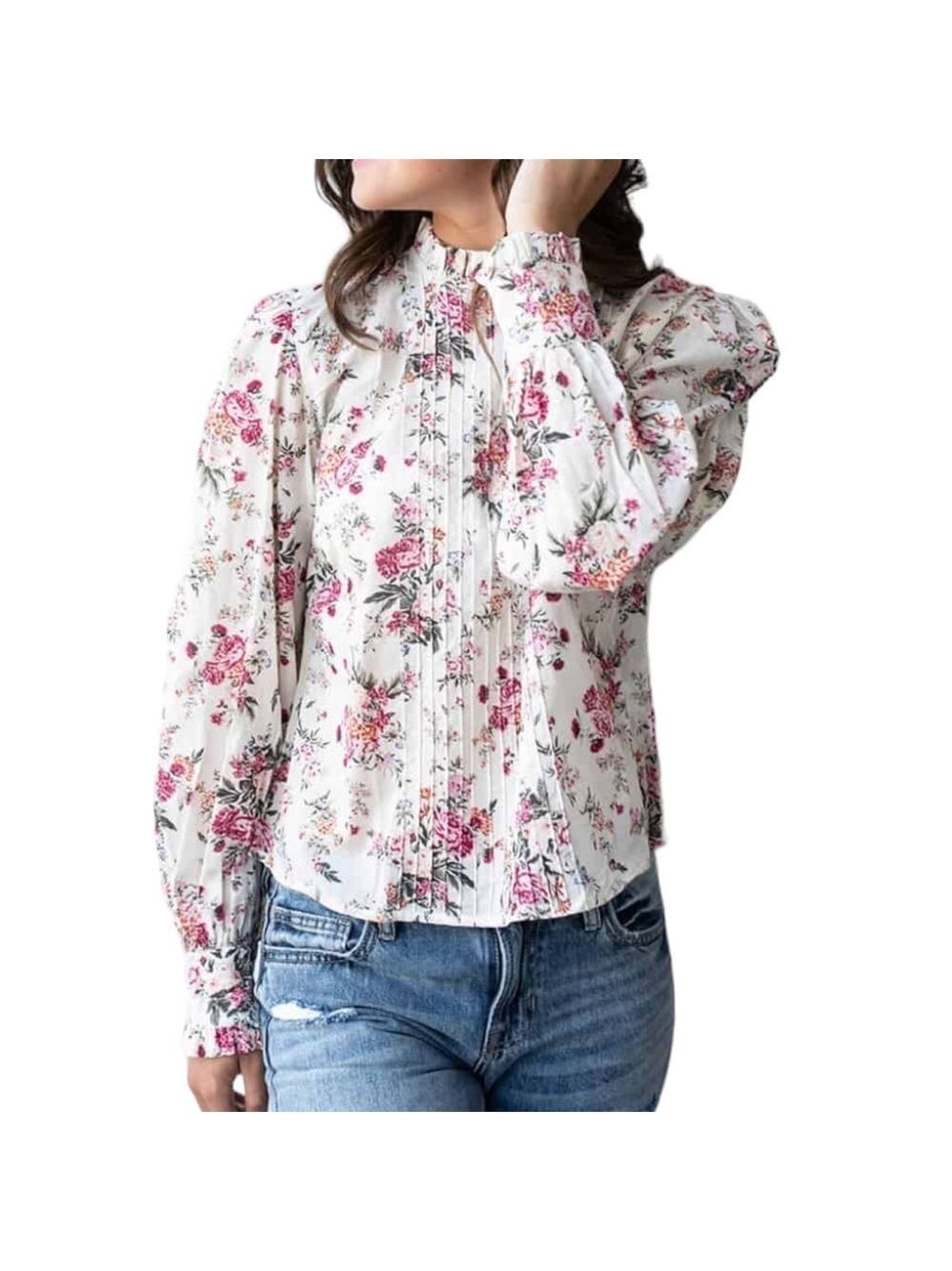 Olivaceous Floral Cotton Long Sleeve Ruffle Neck Fitted Top Blouse